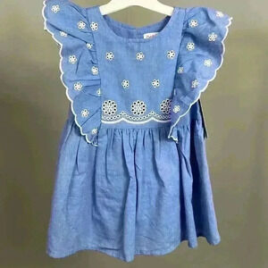 Girls' Chambray Lace Dress Blue W/White Floral Embroidery Toddler